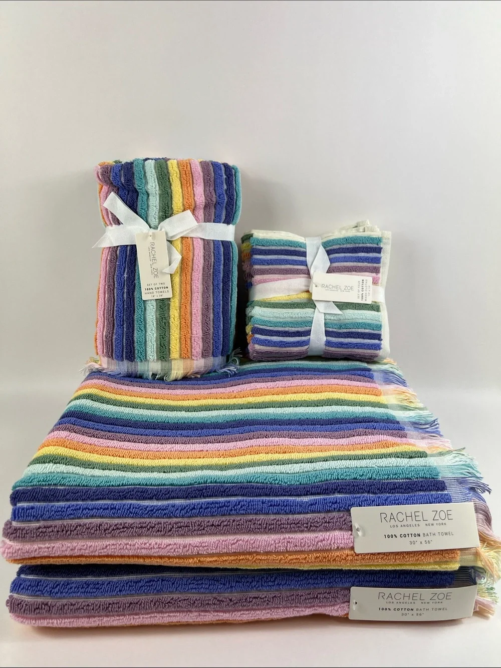 Rachel Zoe Bath Towels Rainbow Pastel Striped with Fringe Cotton 8 Pc Set NEW
